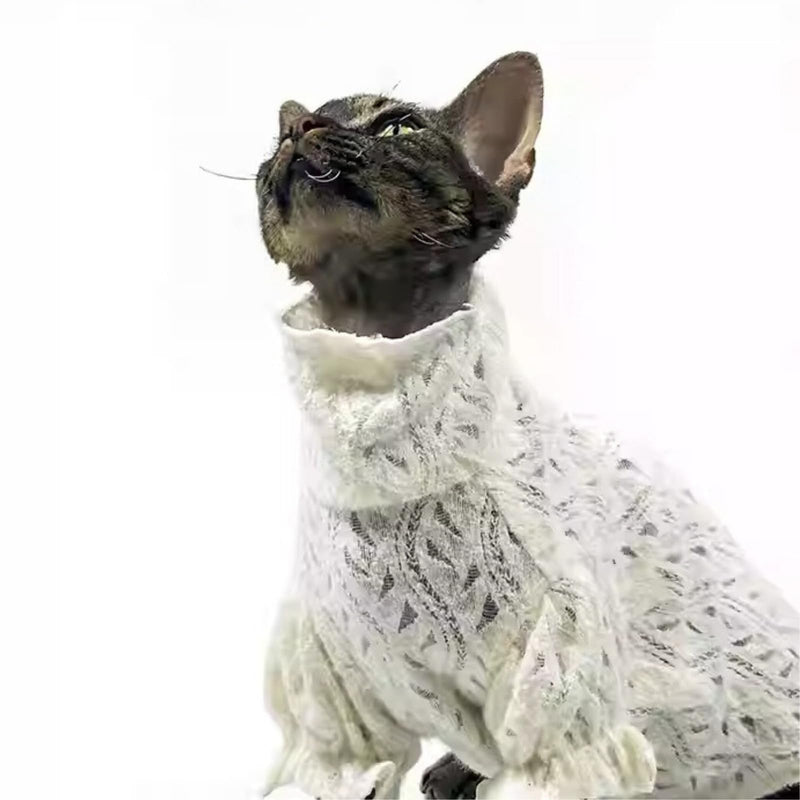 Cat Soft Lace Turtleneck Shirt, Elegant Skin-Friendly Warm Sweater Pullover Clothes for Hairless Sphynx, Devon & All Indoor Kittens (M) White M - PawsPlanet Australia