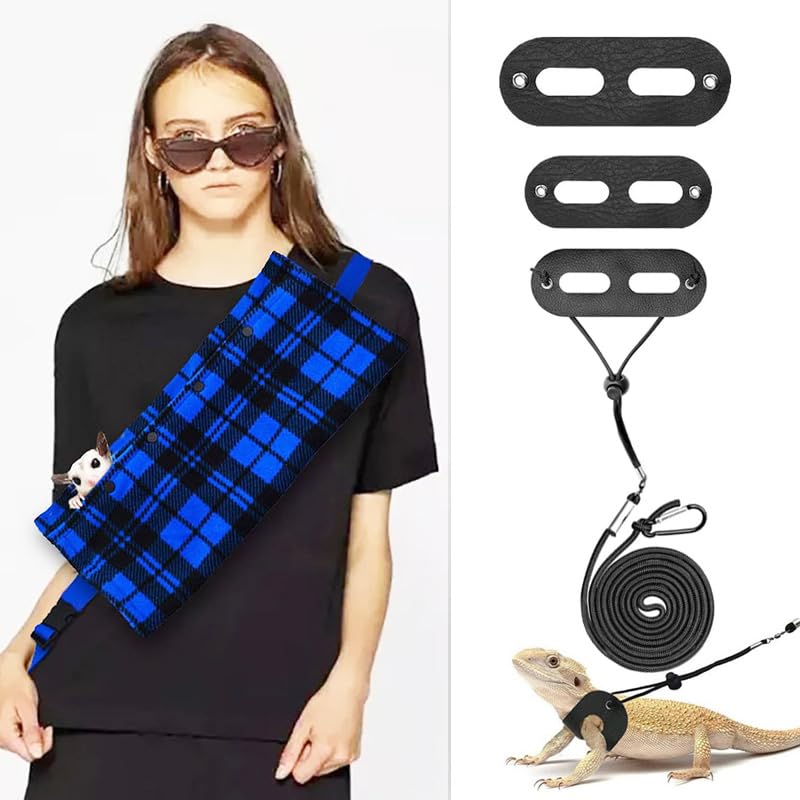 Small Animal Sling Carrier,Small Animal Bag for Bearded Dragons Lizards and Reptile with Adjustable Strap Tow Rope 3 Sizes Pack + Small Animal Sling Carrier（Blue Grid） Blue Grid