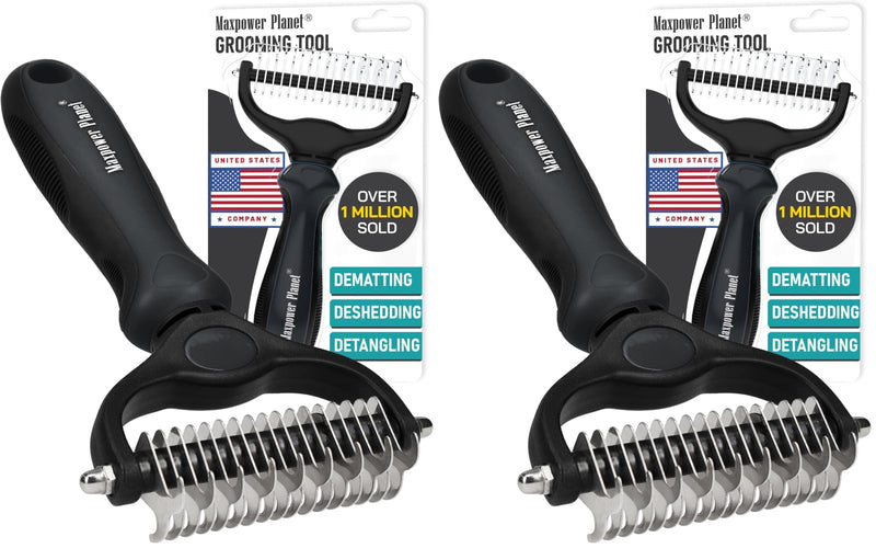 Maxpower Planet Hair Brush - Double Sided Shedding, Dematting Undercoat Rake for Dogs and Cats, Extra Wide Dog Grooming Brush, Reduce Shedding by 95%, Black (Pack of 2) - PawsPlanet Australia
