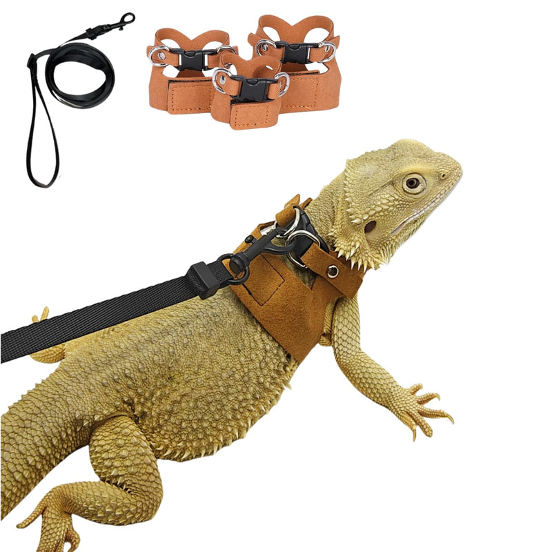 3 Pack Bearded Dragon Harness and Leash Set - Adjustable Soft Leather Lizard Harness Leash Small Animal Traction Rope Training Walking Vest Accessories for Reptile Squirrel Rat (Brown) Brown - PawsPlanet Australia