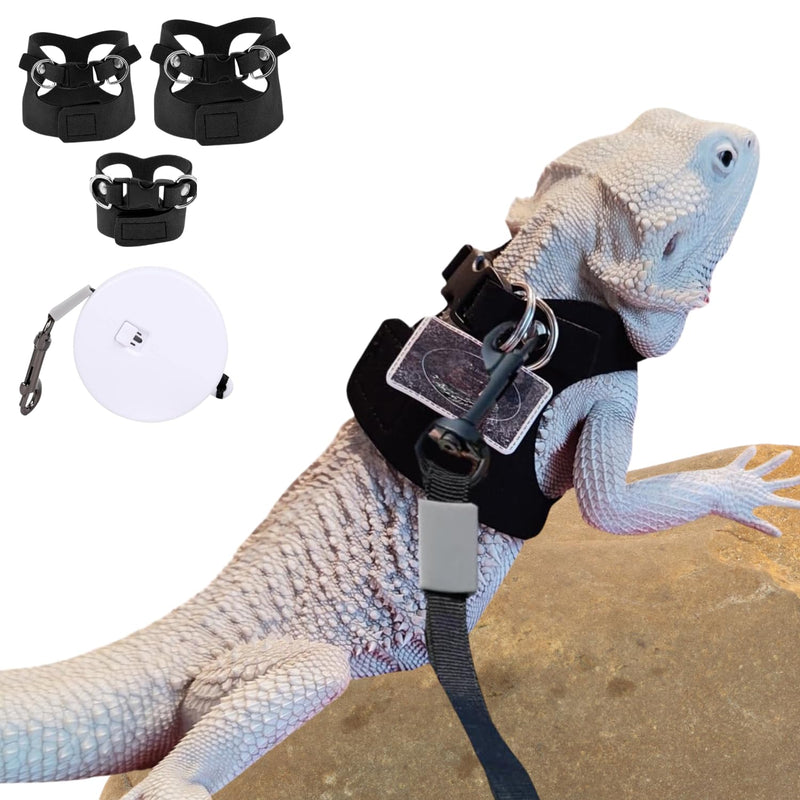 3 Pack Bearded Dragon Harness and Leash Set - Adjustable Soft Leather Lizard Harness with Retractable Leash Small Animal Traction Rope Walking Vest Accessories for Reptile Squirrel Rat (Black) Black - PawsPlanet Australia