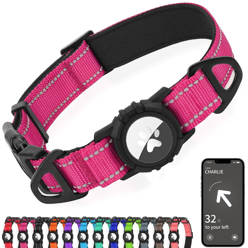 Joytale Airtag Dog Collar, Reflective Pet Collar with Waterproof AirTag Holder, Dual D-Rings, Soft Padded Adjustable for Extra Small and Puppy Dogs, Hotpink, XS X-Small(9"-12") - PawsPlanet Australia