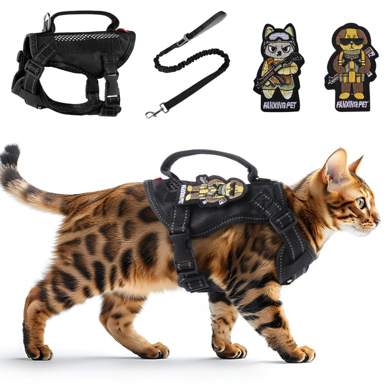 Cat Harness and Leash Set for Walking Escape Proof Adjustable Reflective Large Cat Tactical Harness with Patches Breathable Summer Vest Soft Mesh Padding Handle Easy to Control (Black, M) Black - PawsPlanet Australia