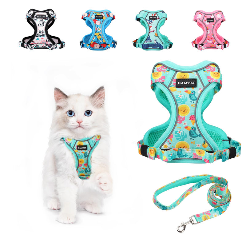Halypet Cat Harness and Leash Set[MAX Safety 4th-Gen] Cute Escape Proof Vest Harness for Girl&Boy Cat Walking, Comfortable Adjustable Leash and Reflective Strips for Outdoor Kitten, XS Green Tropics H603 Pro Green Tropics X-Small (4-6lb)