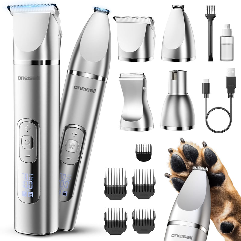 oneisall 4 in 1 Dog Grooming Kit with LCD Display, Dog Hair Trimmer for Paw Nail Grinder, Rechargeable Cordless Low Noise IPX7 Waterproof Pet Clippers Silver - PawsPlanet Australia