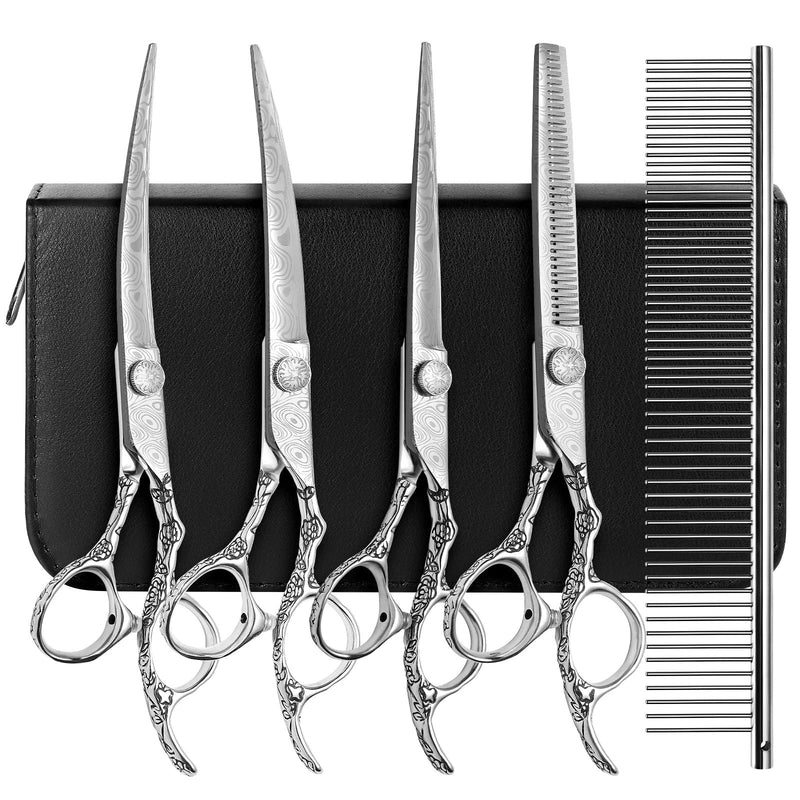 Dog Grooming Scissors,Silver Curved Scissors with Safety Round Tips,5 in 1 Dog Scissors for Grooming,Professional Pet Grooming Shears Set for Dogs and Cats - PawsPlanet Australia