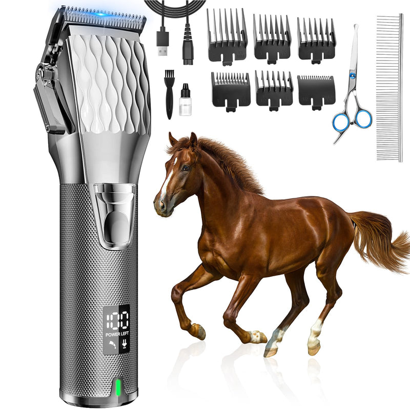 Rechargeable Horses Clippers, Cordless Pet Hair Trimmer Shaver with 6 Guide Guards, 2500mAh Large Battery Capacity Electric Grooming Kit for Livestock Animal Thick Coat, Light Weight 0.8lbs Silver - PawsPlanet Australia