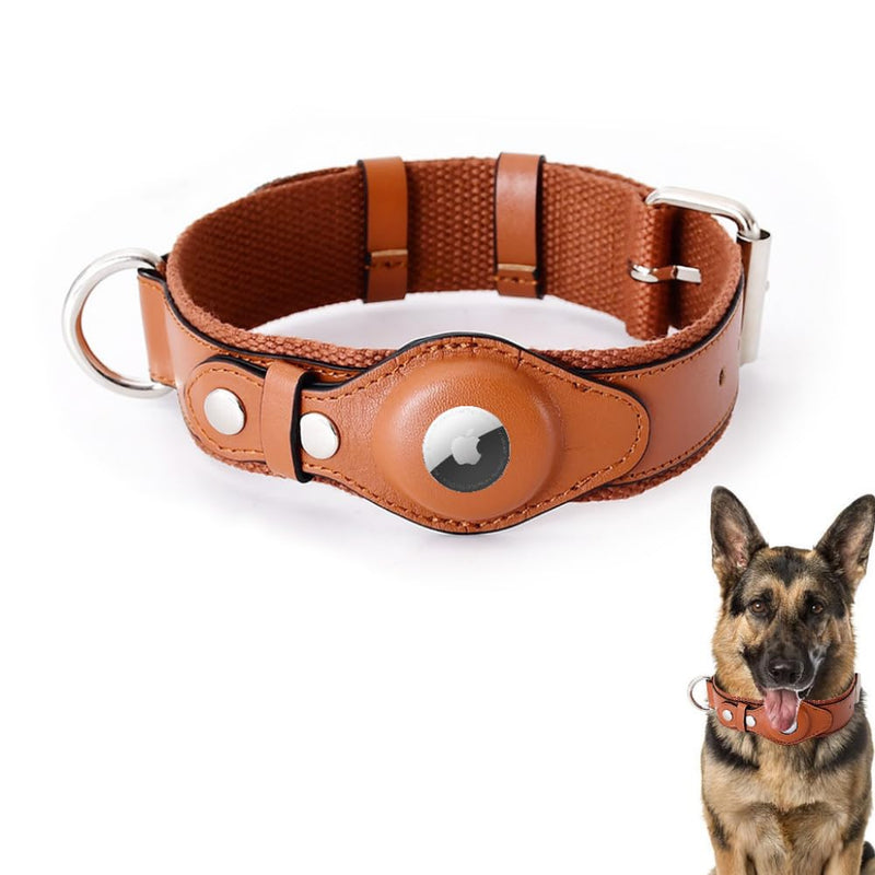 AirTag Dog Collar Soft Leather Webbing Dog Collar for AirTag Provides Double Protection for Small Medium and Large Dogs(Brown,S) Brown S