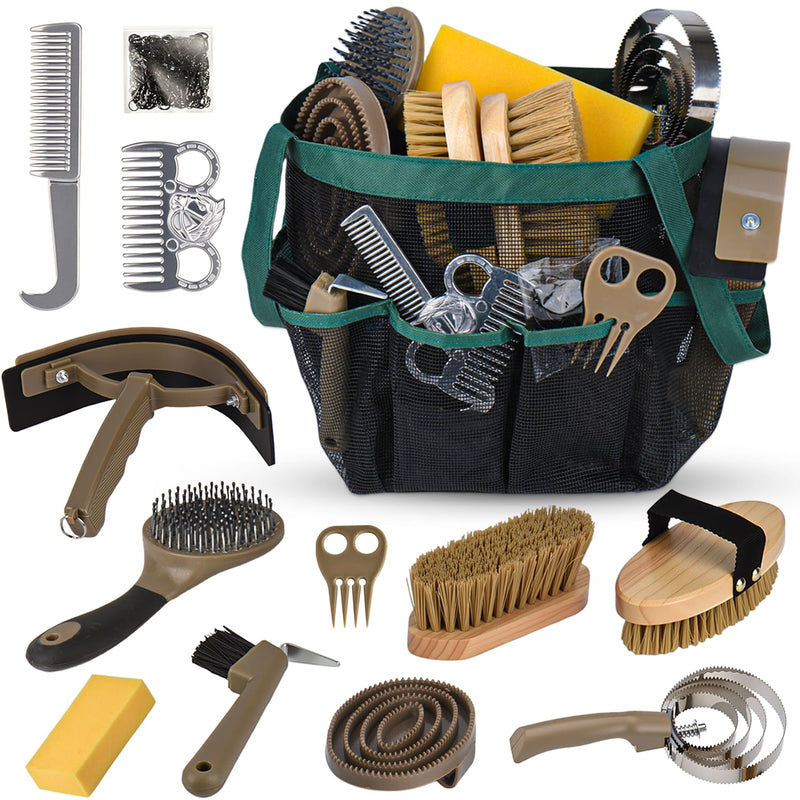Horse Grooming Kit 13 Piece, Horse Brushes for Grooming Supplies Set with Organizer Bag, Horse Brush & Curry Comb for Effective Cleaning, Gift for Horses Riders Beginners Brown Green
