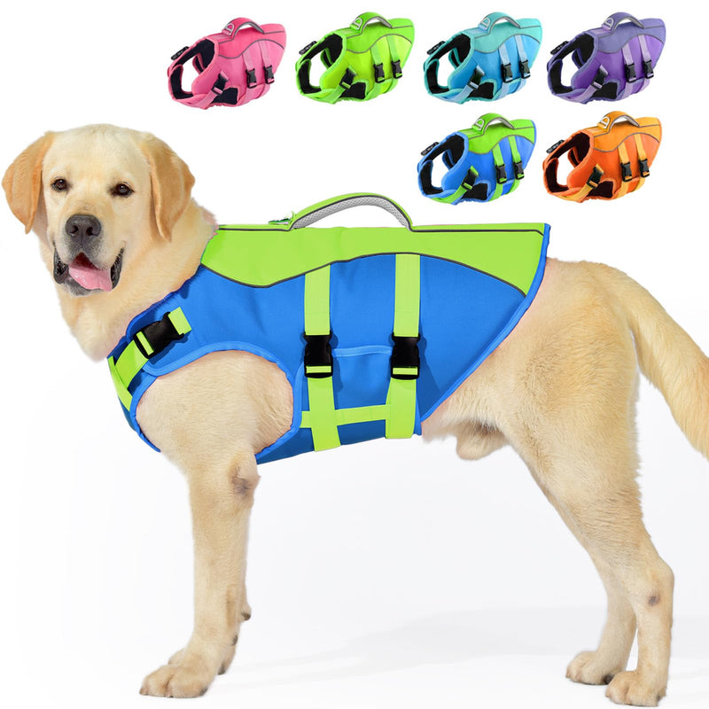 PETDSH Dog Life Jacket Large, High Flotation Dog Life Vest for Swimming Boating, Reflective Puppy Lifejacket with Superior Buoyancy and Rescue Handle, Adjustable Safety Dogs Floating Vests Large (Chest Girth:19.7-29.5'') Blue & Green - PawsPlanet Australia