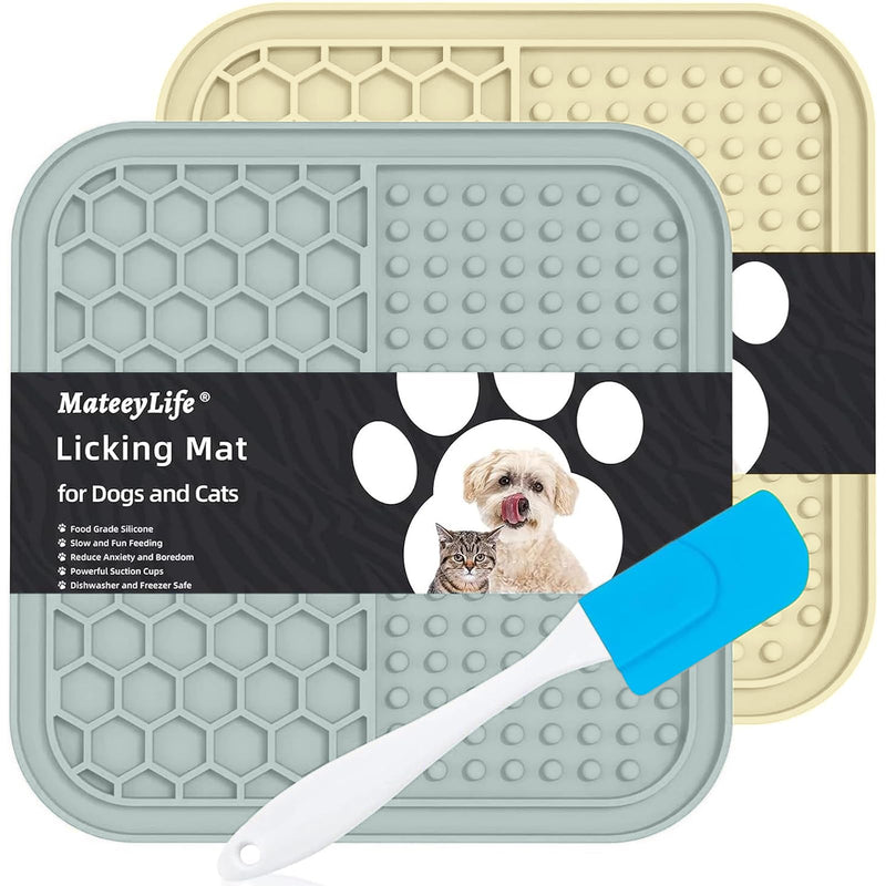 MateeyLife 2PCS Small Lick Mat for Dogs and Cats, Licking Mats for Dog Anxiety Relief, Cat Peanut Butter Lick Pad for Boredom Reducer, Dog Treat Mat Perfect for Bathing Grooming Gray&Beige 6'' × 6'' - PawsPlanet Australia