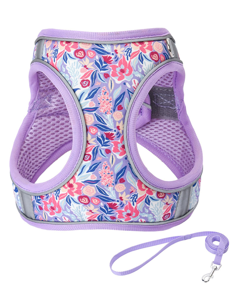 M Light Purple Flower Pattern Dog Harness and Leash Set,No Escape Puppy Harnesses for Training Walking，Breathable Adjustable Puppy Vest for Small Medium Dogs, Cats (Light Purple, M) - PawsPlanet Australia