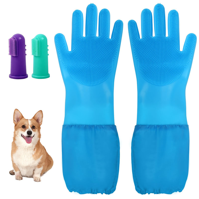 Dog Washing Gloves- Silicone Bathing Gloves for Dogs and Cats - Gloves with Extended Length Enhanced Five Finger Design for Gentle Massaging, Shedding & Cleaning - Comfortable for Pets(Blue) - PawsPlanet Australia