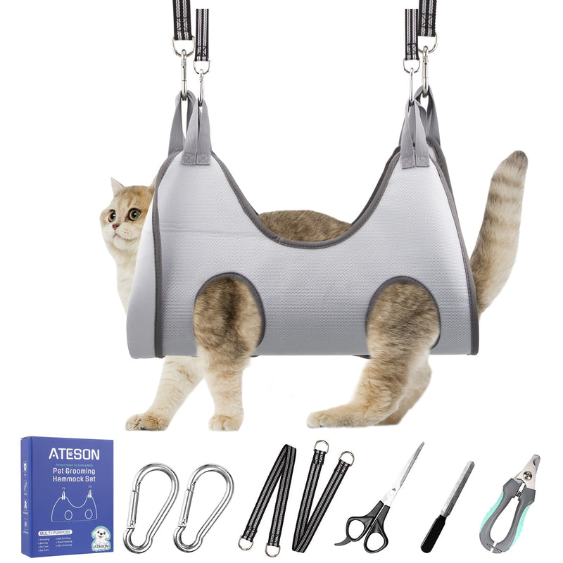 Pet Grooming Hammock Harness for Cats & Small Dogs (XXS), Dog Nail Trimming Sling with Clippers, Scissors & Nail File, Hanging Holder for Easy Grooming & Nail Care XXS for Cats & Tiny Dogs 8LB Gray