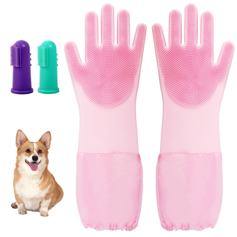 Dog Washing Gloves Finger Toothbrush,2-in-1 Pet Shower Set,Dog Bath Gloves with Extended Length,Comfortable Pet Washing Gloves for Gentle Bathing Efficient, Multifunctional Silicone(Pink) - PawsPlanet Australia