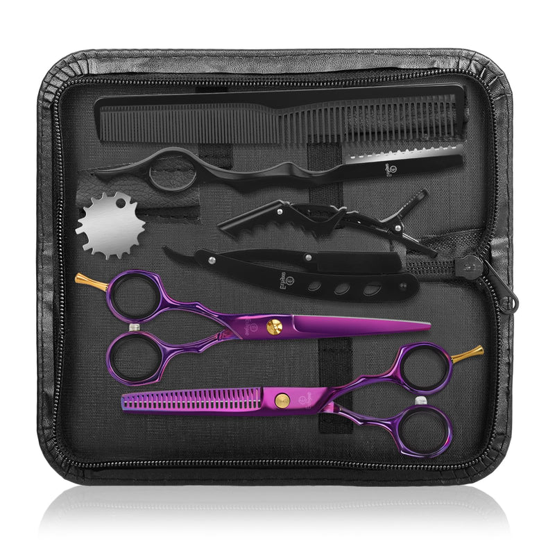 Professional Hair Cutting Scissors - 9 PCS Haircut Scissors Set with 29-Tooth Thinning Shears and Straight Shears for Men Women Home Salon Barber (6.5", Purple) 2-scissors set - PawsPlanet Australia