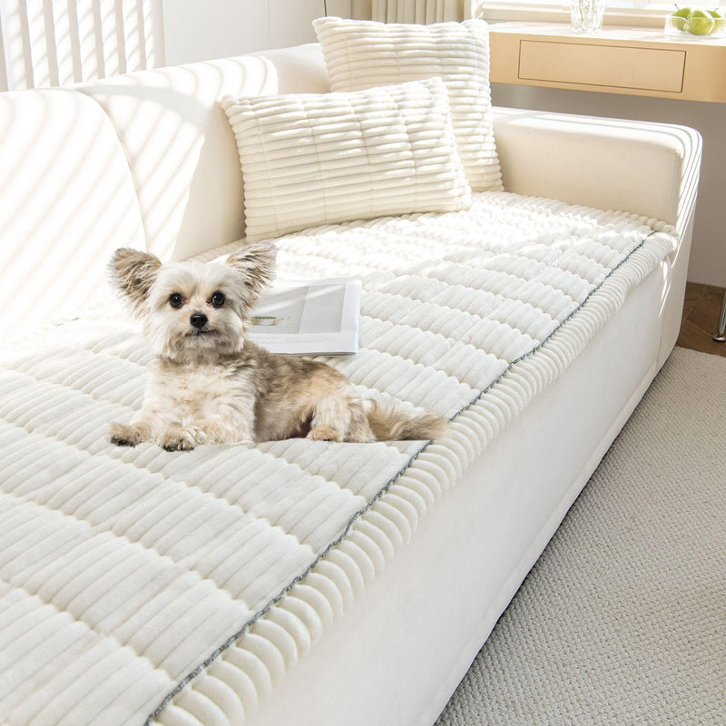 Faux Fur Plush Dog Couch Cover 3D Stripe Fuzzy Sofa Cover Non-Slip Fluffy Dog Bed Cover Pet Blanket Sofa Couch Furniture Protector for Puppy Large Dog Cat (Cream,35"x35") 35"x35" Cream - PawsPlanet Australia