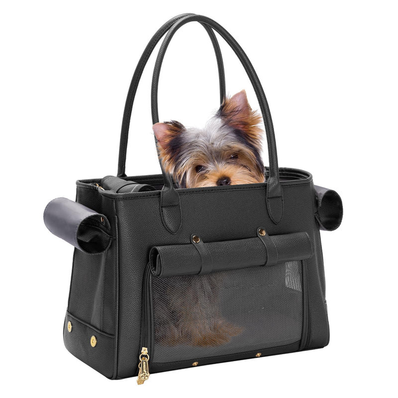 Fashion Pet Carrier Purse for Small Cat and Dog, Luxury Pu Soft-Sided Tote Bag with Large Pockets for Dogs and Puppies (Black, 15.8" L x 7.5" W x 11.8" H) Black 15.8"L x 7.5"W x 11.8"H