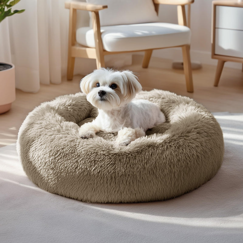 Deconovo Calming Donut Dog Bed, Washable Plush Round Pet Bed for Small Dogs & Cats with Raised Rim, Non-Slip Base and Soft Faux Fur—Lightweight, Easy-Care Design Camel 21" L x 21" W x 8" Th 21"L x 21"W x 8"Th - PawsPlanet Australia