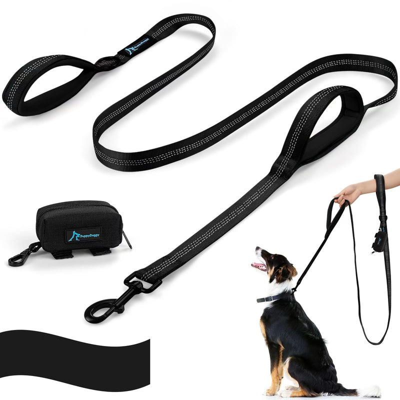 PuppyDoggy Dog Leash for Large Medium Dogs - 6Ft x 1" Reflective Stitching with Padded Handles & Poop Bag Dispenser (All Black) All Black 6 ft x 1 inch - PawsPlanet Australia