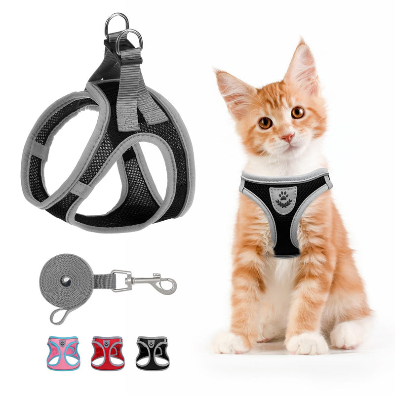 SCENEREAL Cat Harness and Leash Set Escape Proof, Adjustable Soft Air Mesh Kitten Harnesses for Girls Boys Small Medium Big Cats, Reflective Light Travel Pet Walking Vest for Puppy Rabbit, Black S Black(gray wrap and leash) S(Chest 11.5-13") - PawsPlanet Australia