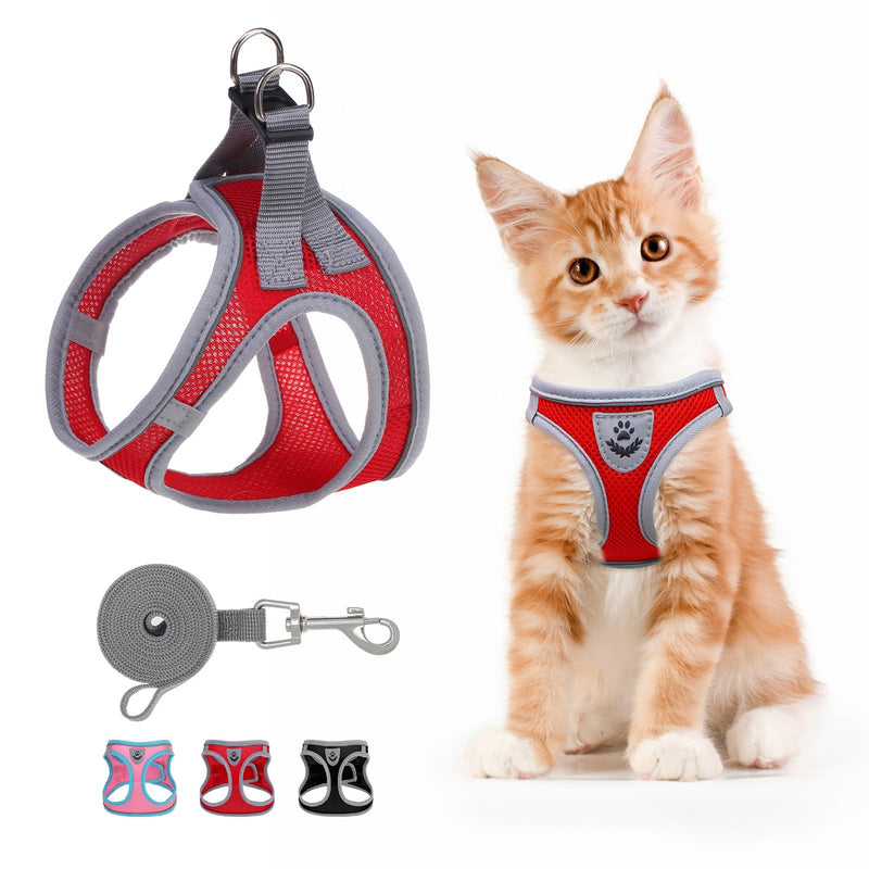 SCENEREAL Cat Harness and Leash Set Escape Proof, Adjustable Soft Air Mesh Kitten Harnesses for Girls Boys Small Medium Big Cats, Reflective Light Travel Pet Walking Vest for Puppy Rabbit, Red M Red (gray wrap and leash) M(Chest 13-14.5")