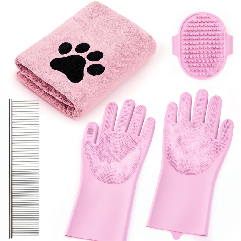 Pet Shower & Bath Supplies，Dog Shampoo Brush Set with Towel, Washing Gloves,Comb for Dogs and Cats (PINK) M pink