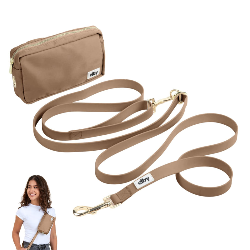 elby - Hands Free Dog Leash with Treat Pouch - Dog Walking Accessories - Dog Training Leash with Fanny Pack - Dog Accessories and Walking Essentials - Medium and Large Dogs (Dark Beige, Regular) Dark Beige - PawsPlanet Australia