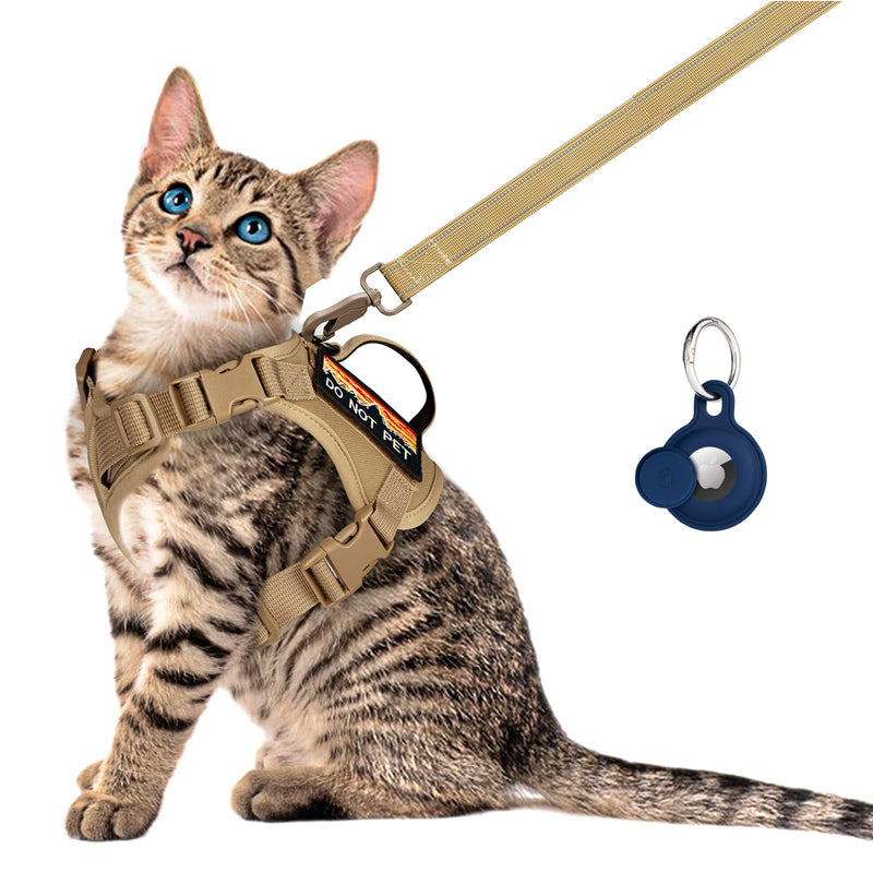 Tactical Cat Harness and Leash Set for Walking, Adjustable Escape Proof Pet Vest for Large Cat, Easy Control Breathable Vest with Handle?Molle Patches (Khaki+Leash, L) Khaki+Leash