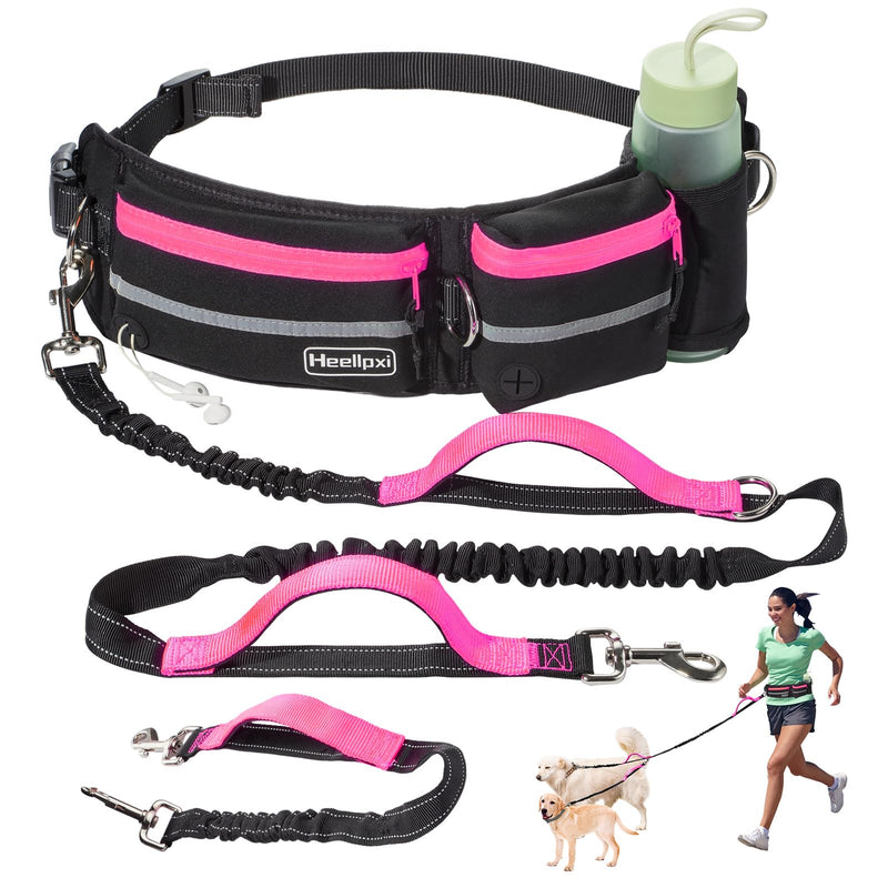 Hands-Free Dog Leash with Pouch, Waist Leash for Walking Two Dogs, Reflective Stitching, Dual Handle, Bungee Retractable for Medium to Large Dogs - Pink,Dog Walking Accessories - PawsPlanet Australia