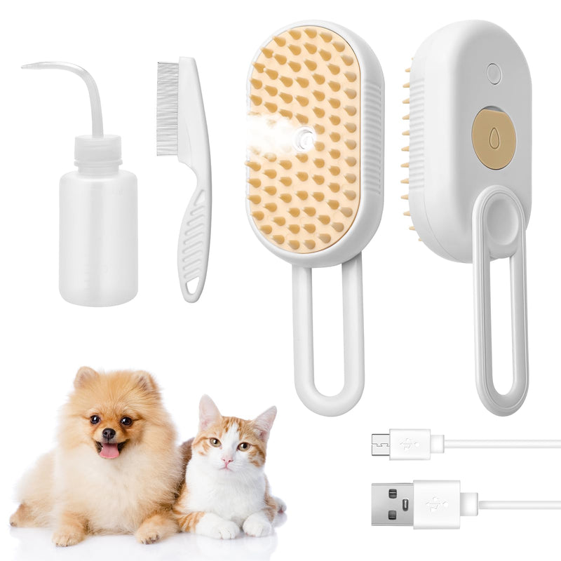 3-in-1 Cat Steam Brush for Shedding, Massaging & Grooming, Rechargeable, Misty Brush for Cats & Dogs, White, 3 Count - PawsPlanet Australia
