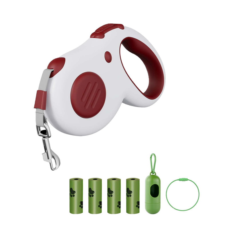 Retractable Dog Leash, 16 ft Dog Leash for Pets up to 44 lbs, Durable ABS and Aluminum Alloy Clip, Includes 4 Rolls of Poop Bags and Bag Holder, Red and White - PawsPlanet Australia