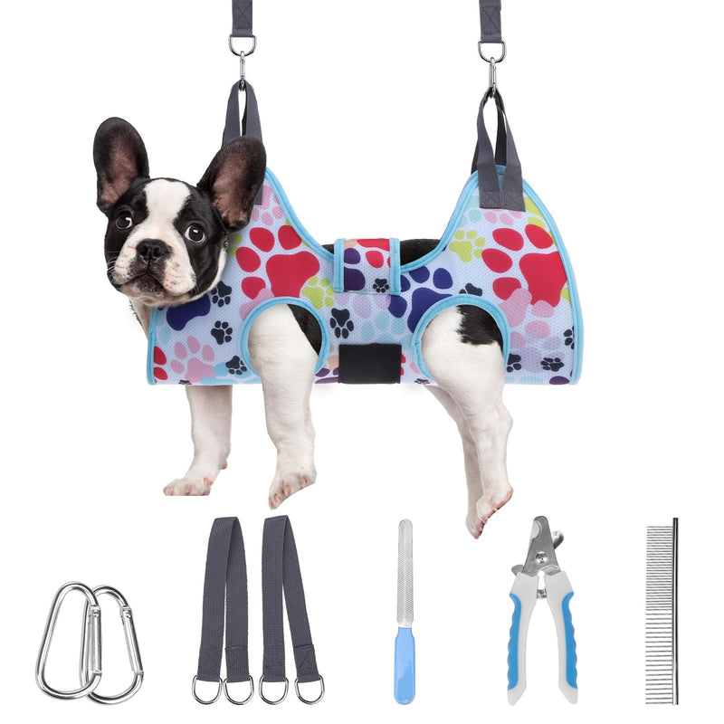 PAWCHIE Dog Grooming Hammock, Small Dog Hanging Harness Holder for Nail Clipping/Trimming, Pet Hanger Sling Restraint Bag for Cat Puppy with Thick Fabric Neck Support Wide Strap Claw Care, Blue S - PawsPlanet Australia