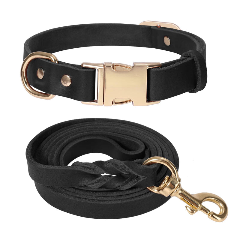 LWBMG 5FT Leather Dog Collar and Leash Set, Heavy Duty Dog Leash and Collar with Metal Buckle,Adjustable Pet Collar and Leash, Soft Pet Leash and Collar Set for Small Medium Dogs Black S:Fit Neck:8.86~13.2''