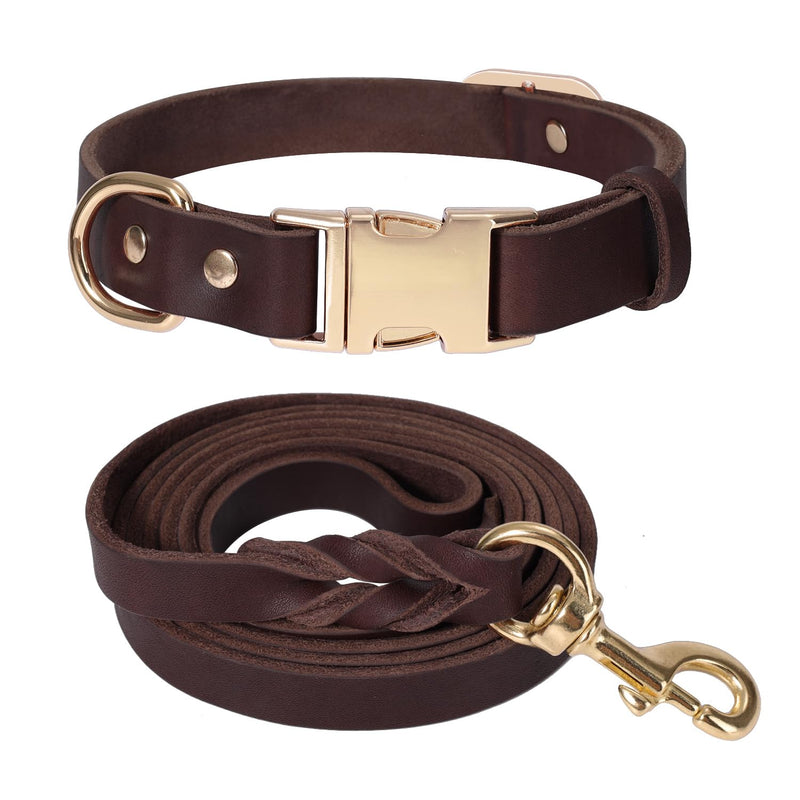 LWBMG 5FT Leather Dog Collar and Leash Set, Heavy Duty Dog Leash and Collar with Metal Buckle,Adjustable Pet Lead and Collar Set, Soft Pet Leash and Collar for Small Medium Dogs Brown S:Fit Neck:8.86~13.2'' - PawsPlanet Australia