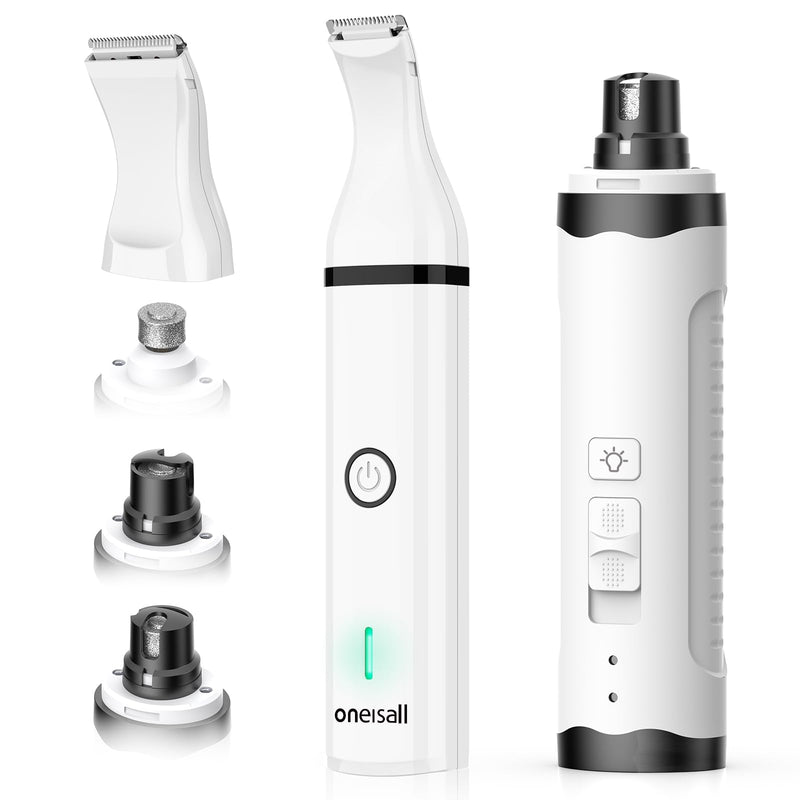 oneisall Dog Nail Grinder and Paw Trimmer Kit 3 in 1 Quiet Rechargeable Electric Pet Nail Grinder with 2 LED Lights and Cordless Dog Grooming Safe Clippers - PawsPlanet Australia
