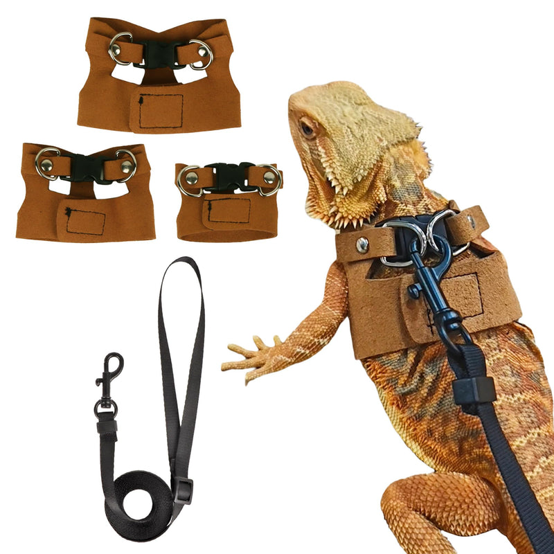 ADOGGYGO Bearded Dragon Harness Leash Set- 3 Size Pack Lizard Harness, Lizard Reptile Walking Leash for Bearded Dragon Reptiles (Brown) Brown - PawsPlanet Australia