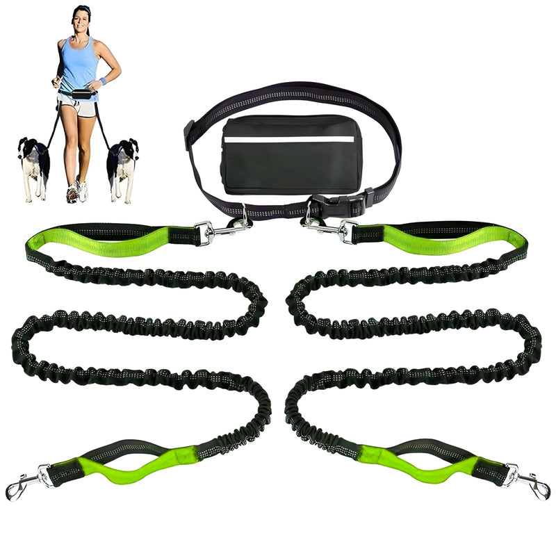 ?????????? ???????? Hands Free Dog Leash for 2 Dogs – Dual Bungee Running Leash with Adjustable Waist Belt, Tangle-Free 360° Swivel, Shock Absorbing, Padded Handles & Zipper Pouch