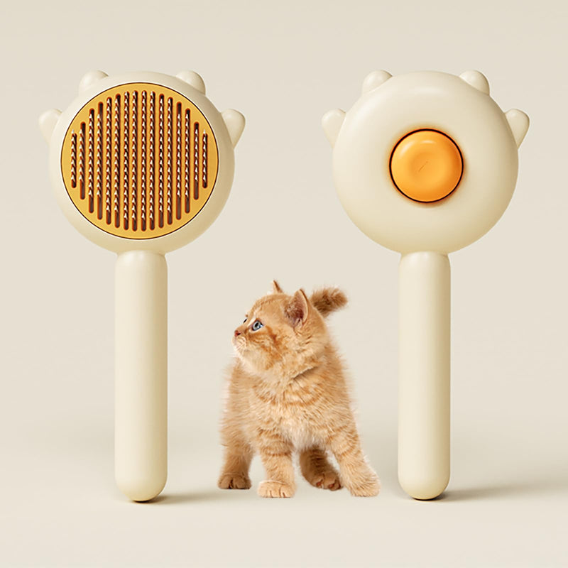 Cat Brush for Shedding, Self-Cleaning Hair Brush with Release Button for Indoor Cats, Soft Silicone Grooming Comb for Long and Short Haired Cats, Cute & Effective Pet Hair Remover Tool, Yellow - PawsPlanet Australia