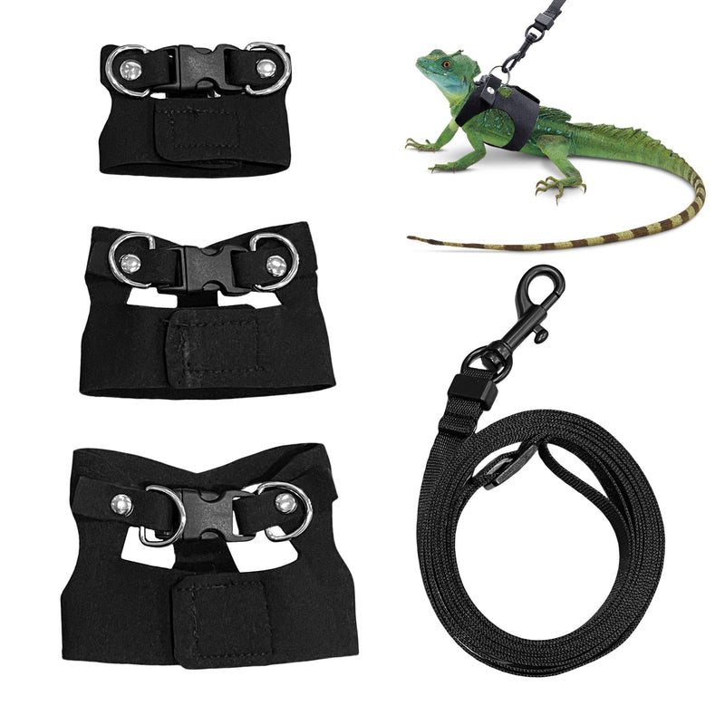Bearded Dragon Harness and Leash Set, 3 Size Adjustable Soft Leather Reptile Leash, Lizard Harness with Retractable, Small Animal Outdoor Walking Vest with Traction Rope, 3 Pack, Black - PawsPlanet Australia