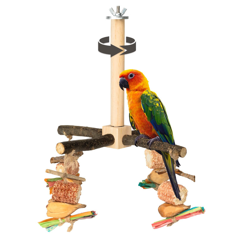 Agape Rotating Parrot Perch Toy with Chew Toy, Natural Wooden Perch Stand for Small & Medium Birds, Bird Cage Accessory with Exercise Wheel for Parakeets Cockatiels Lovebirds Conures Finches Budgies Natural Wood Color Chew Toys - PawsPlanet Australia