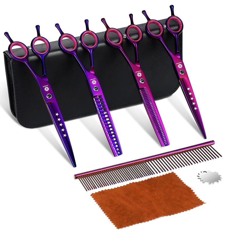 Dream Reach Dog Grooming Scissors - 7" Professional 6 in 1 Pet Scissors Sharp and Durable Shears Set Thinning, Chunker, Straight, Curved Shears and Comb for Dog Cat Pets, Purple 7Inch-Set-Purple - PawsPlanet Australia