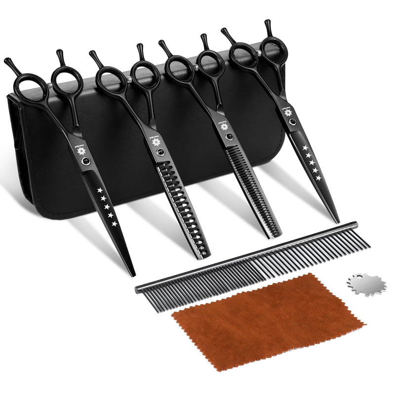 Dream Reach Dog Grooming Scissors - 7 Inch Professional 6 in 1 Pet Grooming Kit Sharp and Durable Shears Set Thinning, Chunker, Straight, Curved Shears and Comb for Dog Cat Pet, Black 7Inch-Set-Black - PawsPlanet Australia