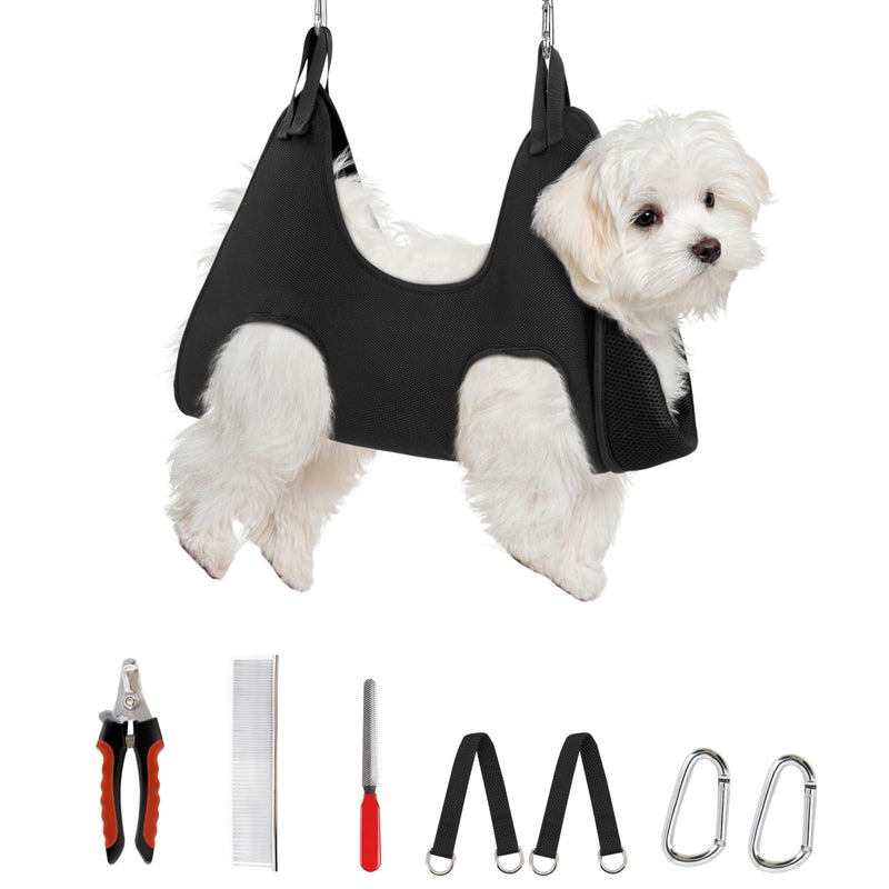 Supet Dog Grooming Hammock Harness for Dogs Cats, Relaxation Pet Nail Clipper Hammock, Restraint Dog & Small Animal Leashes Sling for Groomingk for Nail Trimming (Black, XS) XS（ Max 16 Lb：Leg space: 4.9"-10.5"） Black