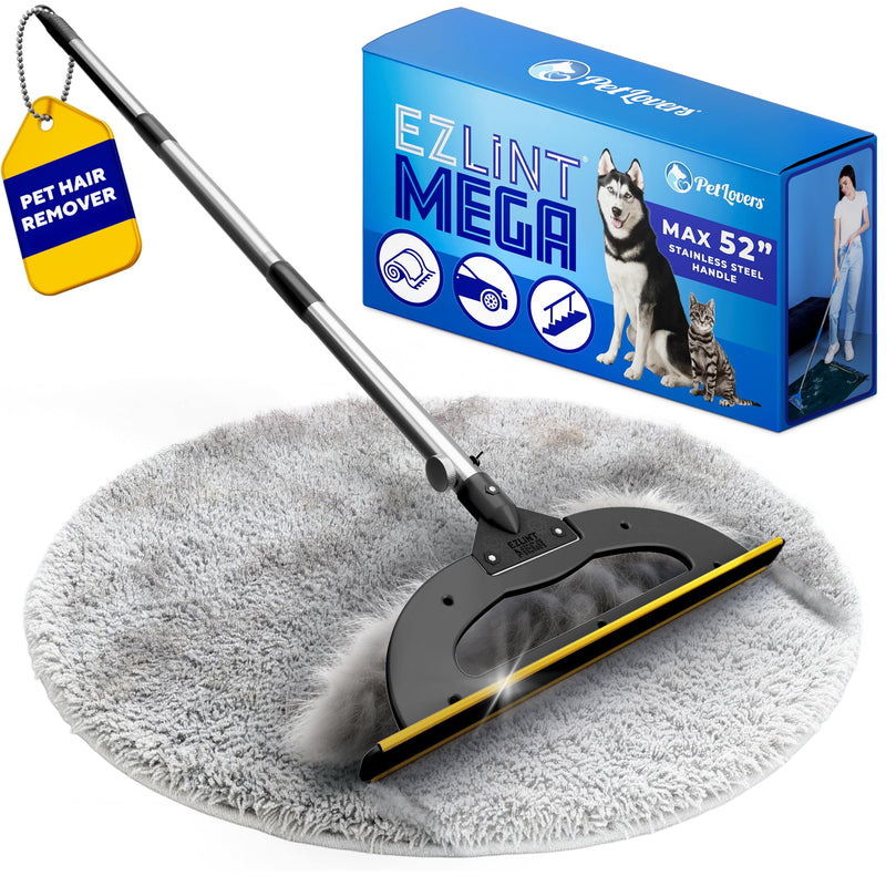 PetLovers EzLint Mega 52" Carpet Rake & Pet Hair Removal Tool – Dog & Cat Hair Remover Broom with Adjustable Handle & Extra Wide Head for Carpets, Rugs & Stairs, Black - PawsPlanet Australia