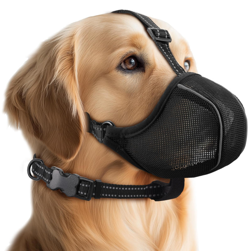 Dog Muzzle - Soft Breathable Mesh Nylon Adjustable Muzzle for Small Medium Large Dogs | Prevents Chewing,Biting & Scavenging | Allows Panting, Drinking & Grooming | Secure Collar Strap Design(Black M) Black Nylon - PawsPlanet Australia