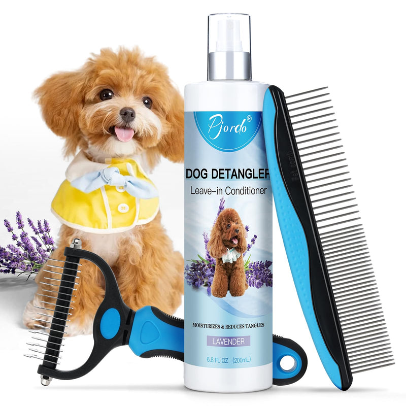 Dog Detangler Spray, Natural Dog Leave in Conditioner Spray with Deshedding Brush and Metal Comb, for Grooming and Mat Removal (Lavender)
