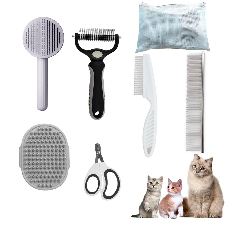 Cat Grooming Brush Kit 6 Tools - Deshedding & Dematting for Long/Short Hair, Self-Cleaning Slicker Brush with 6-in-1 Flea Comb for Cats & Kittens (White) White