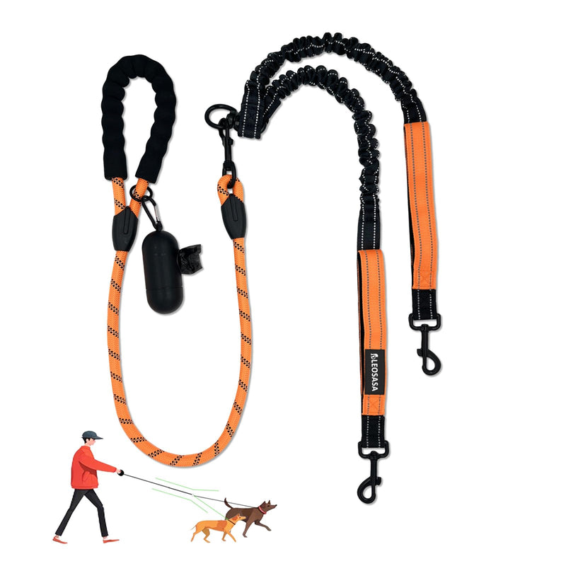 Double Dogs Leash - Removable Main Lead Rope with Splitter, No Tangle 2 Dog Coupler, Reflective No Pull Bungee, 3 Handle, D-Ring, Extra Long for Walk Train Medium Large Two Pet (Orange) Orange