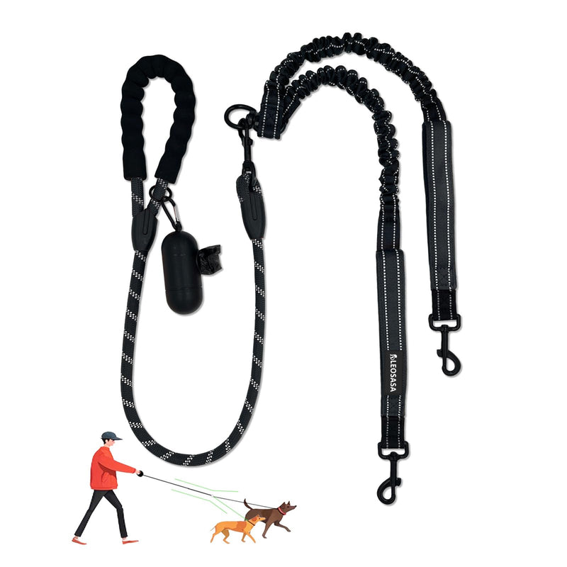 Double Dogs Leash - Removable Main Lead Rope with Splitter, No Tangle 2 Dog Coupler, Reflective No Pull Bungee, 3 Handle, D-Ring, Extra Long for Walk Train Medium Large Two Pet (Black) Black - PawsPlanet Australia